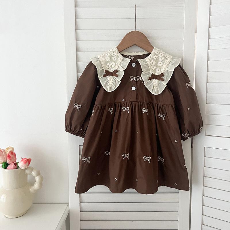 Mädchen-Kleid im koreanischen Stil mit langen Ärmeln und Stickerei in Form einer Schleife für Frühling & Herbst