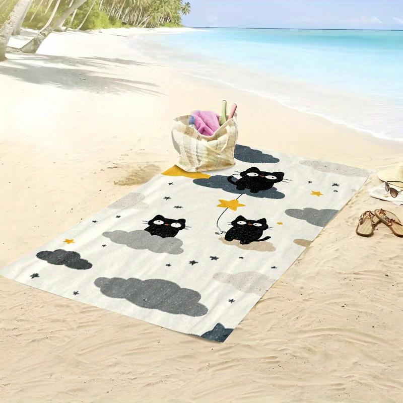 Whimsical Black Cats On Clouds Beach Towel, Playful Cats Wide Eyes Red Noses Soft Microfiber Unisex for Swimming Travel Camping