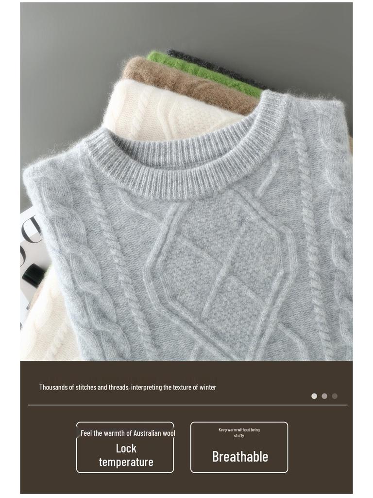 Three-Strand Thick Men's Wool Cable Knit Pullover – Round Neck, Loose, Plus Size for Autumn/Winter