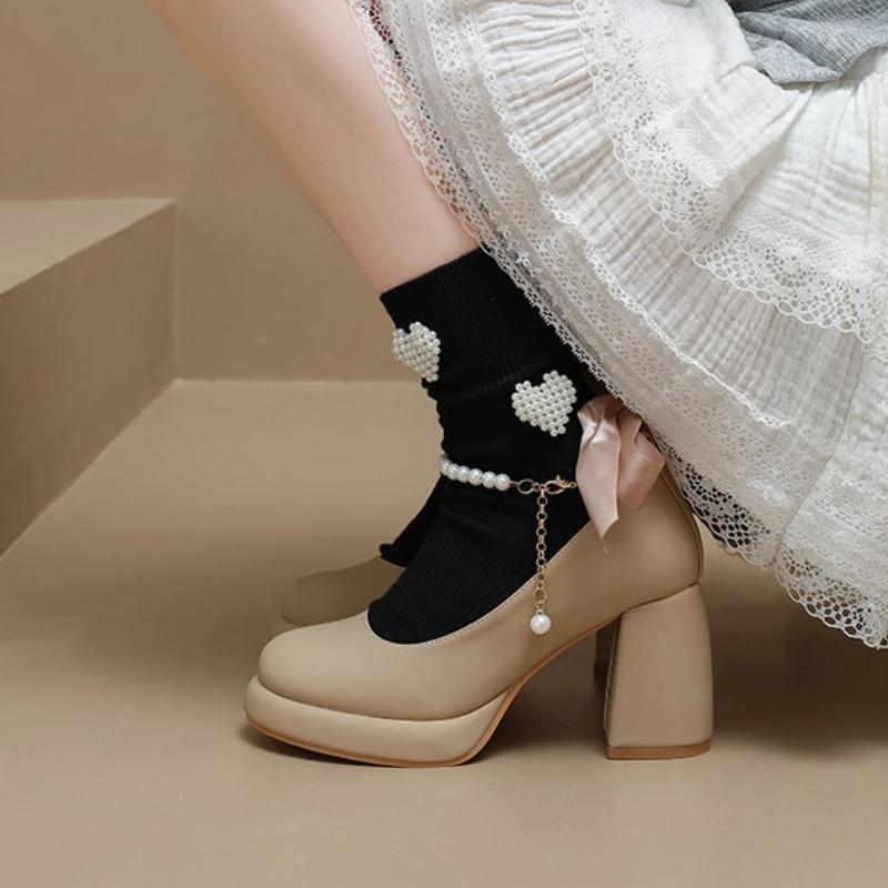 High Quality Mary Janes Shoes for Womens Pearl Necklace Pumps Round Toe Shallow Mouth Beaded Bow Thick High Heels Office Shoes