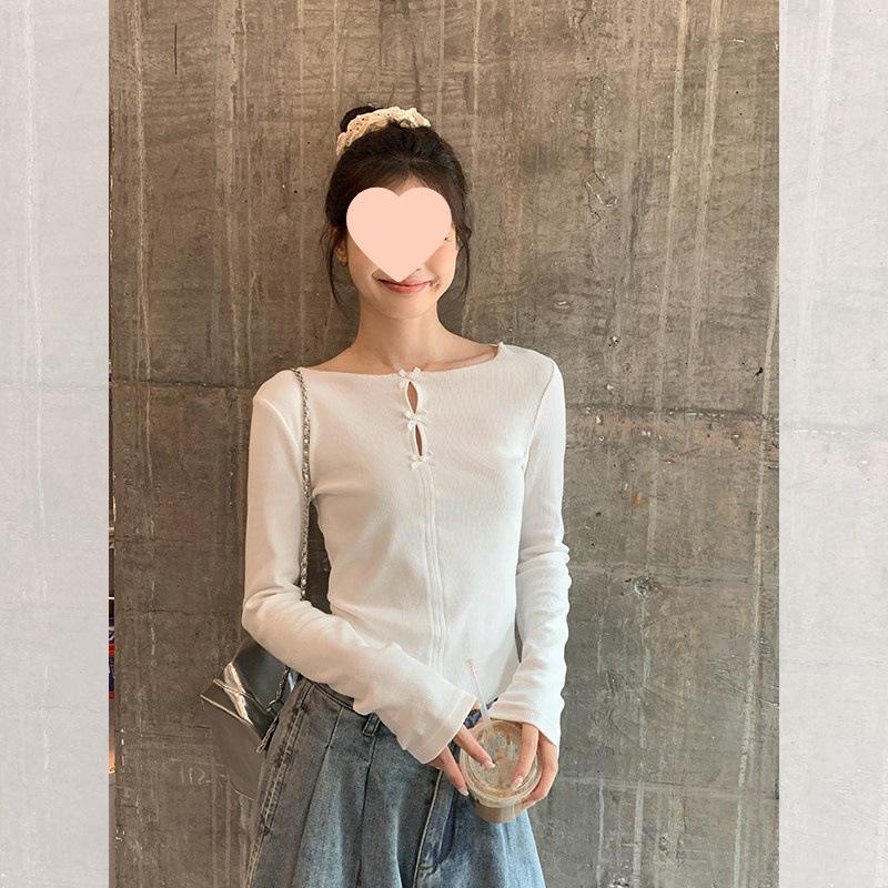 Women s Chic White Bowknot Long Sleeve Slim Fit Top - Autumn Winter Layer Large белый