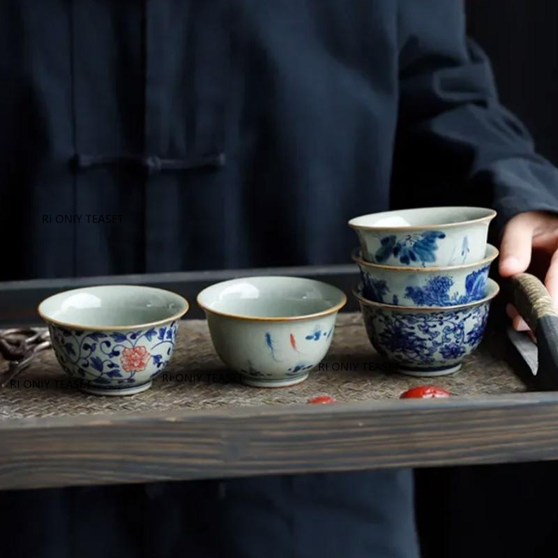 1 Pc Chinese Blue and White Porcelain Tea Cup Vintage Handmade Teacup Ceramic Tea Bowl TeawarePersonal Meditation Cup 90ml