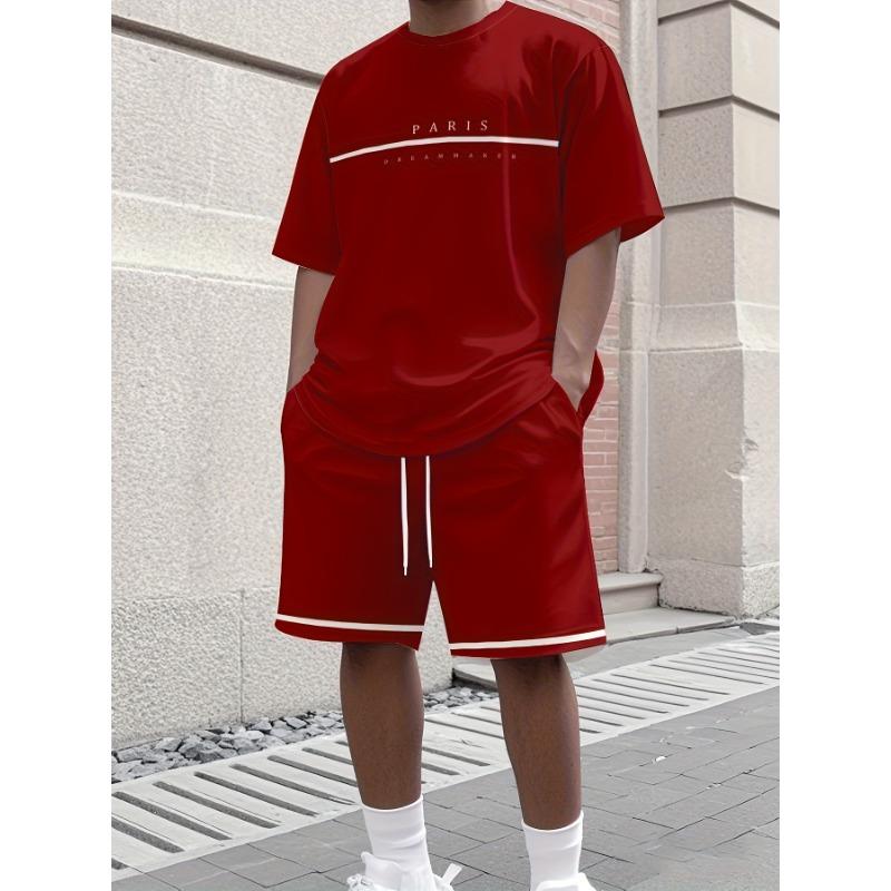 Summer Solid-Color T-Shirt and Shorts Set Letter Print Short-Sleeve Top with Drawstring Shorts Streetwear Men Fashion Sportswear