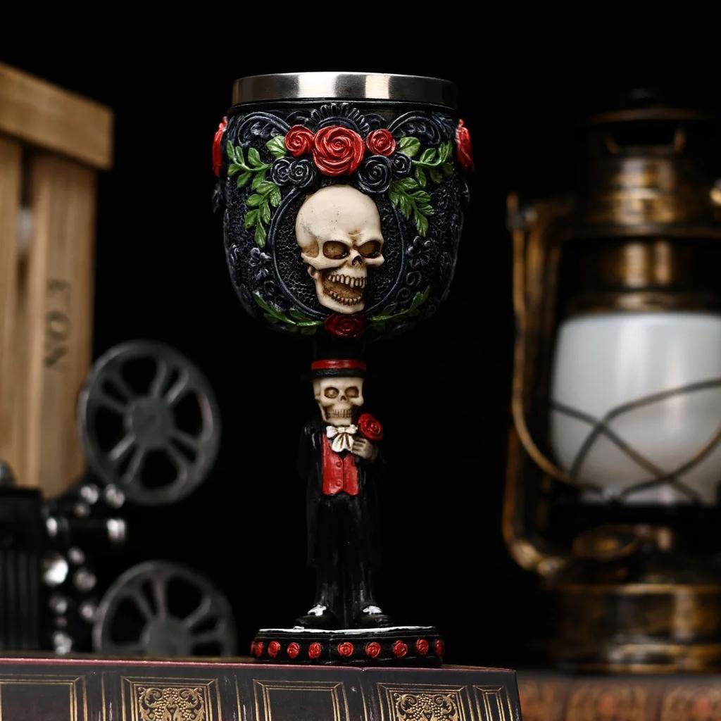 New Halloween Skull Retro Goblet 3D Relief Gothic Style Stainless Steel Liner Cocktail Red Wine Glass Personalized Gift