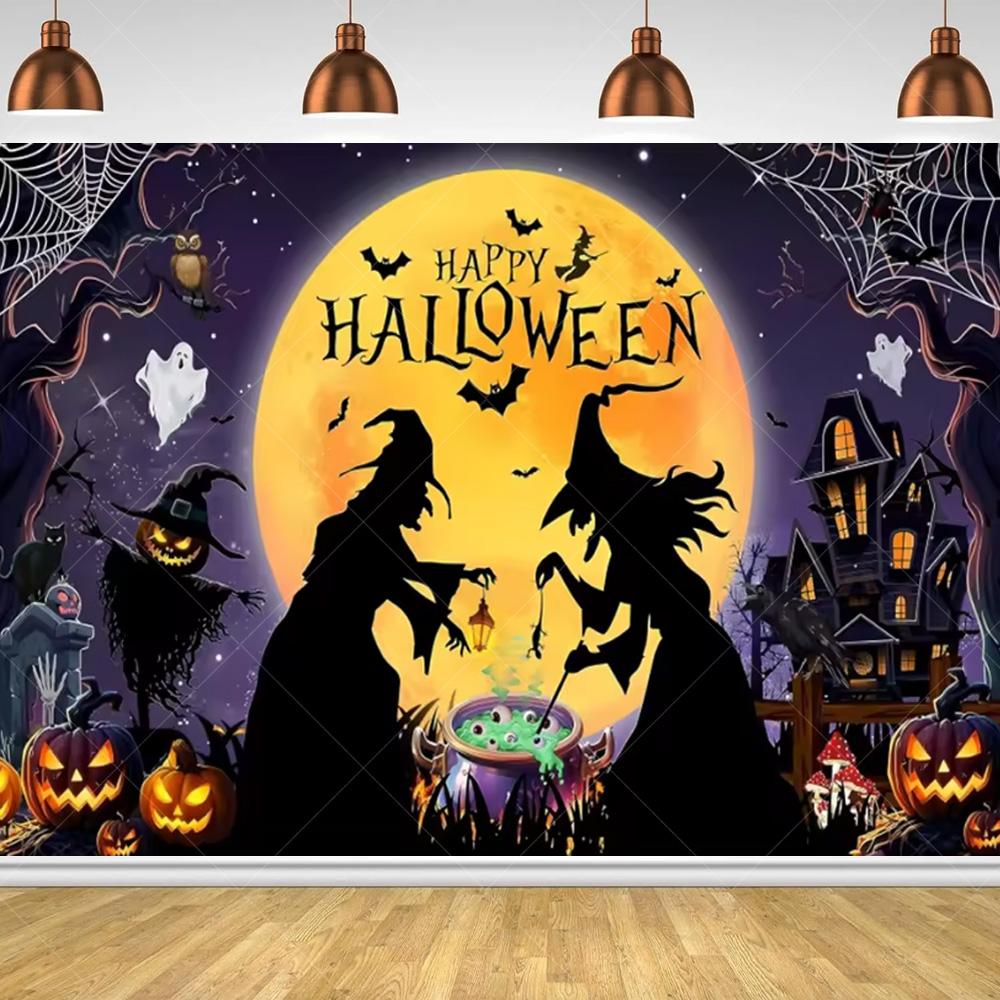 Halloween Horror Night Party Family Gathering Pumpkin Lantern Evil Witch Black Castle Cemetery Forest Background Cloth backdrop