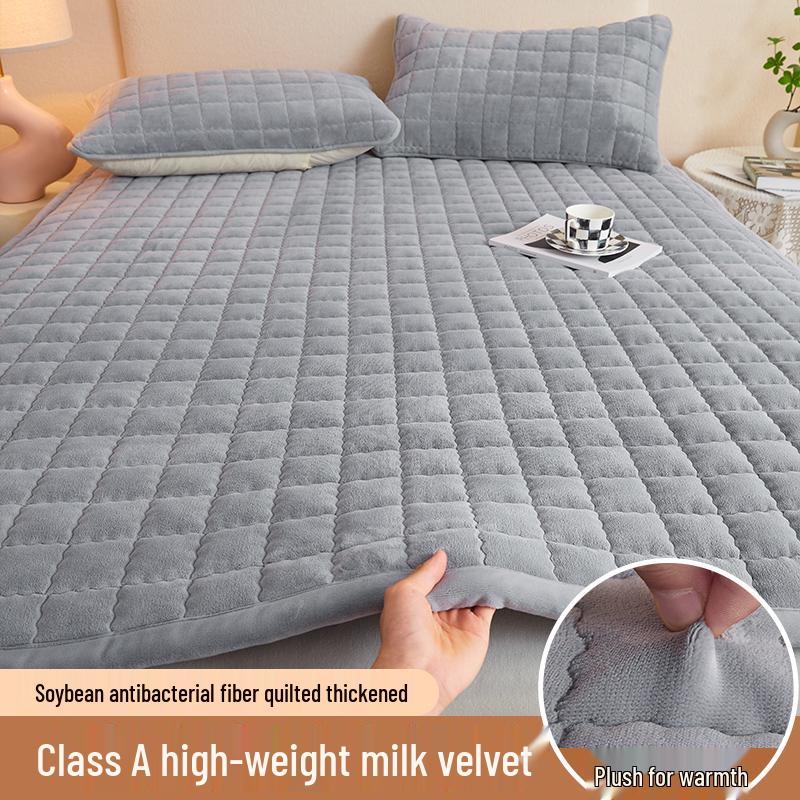Soft Padded Winter Coral Fleece Mattress Pad with Plush Velvet Quilted Cover