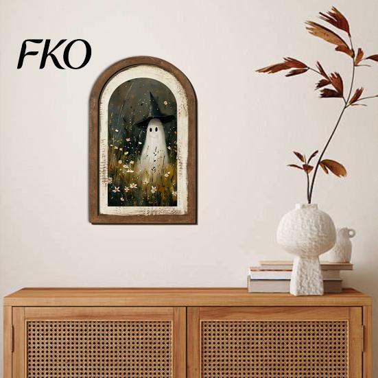 Autumn Fireplace Accent Halloween Ghost Wall Decor, Cute Table Sign, Vintage Arch Framed Shaped Wooden Decor Picture, Decorative Art for Mantel Living