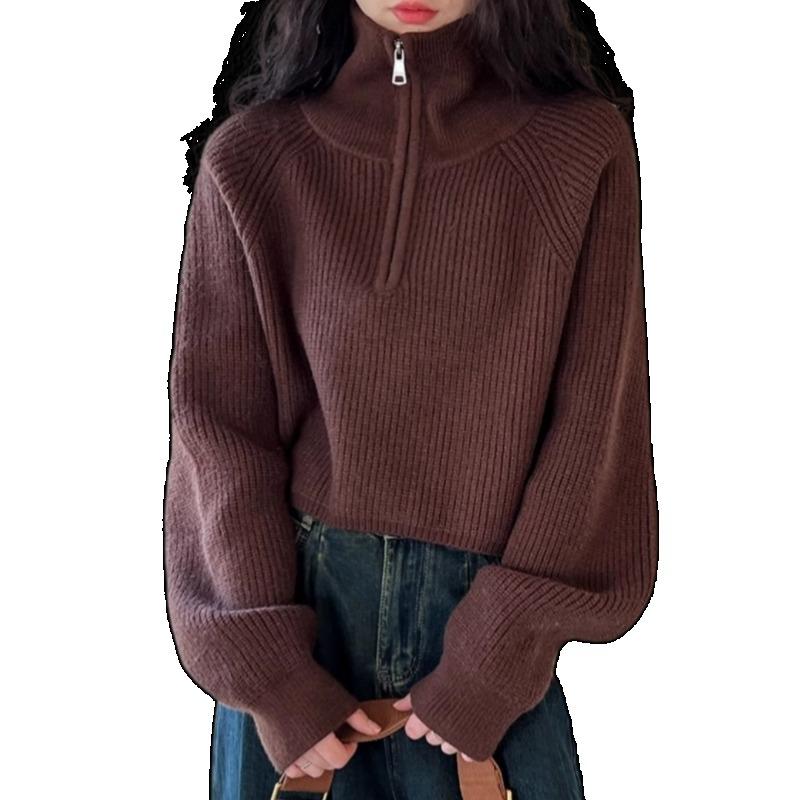 

Осень-зима женский полуводолазка на молнии свитер новый модный длинный рукав трикотажные короткие свитера топы свободная повседневная простая одежда 2701 One Size темно-коричневого