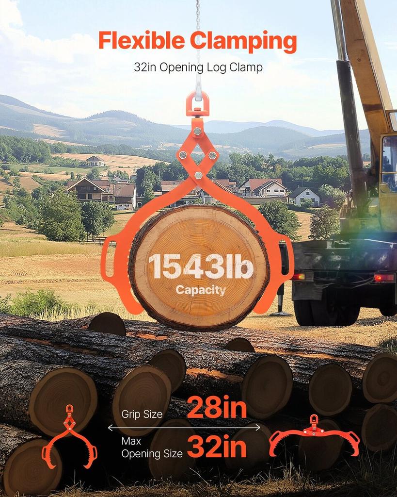 32in Log Lifting Tongs 2 Claw Solid Steel Log Grapple Swivel Log Tools