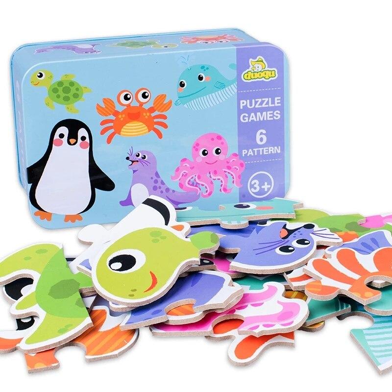 Kids Wooden Jigsaw Puzzle with Iron Box Children Early Learning Metal Box Puzzle Toys Boys Girls Baby Montessori Educational Toy