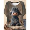 Plus Size Casual Crew Neck Short Sleeve Cartoon Animal Print T-Shirt - Soft Stretch Polyester Fabric Spring and Summer Womens Relaxed Fit Clothing