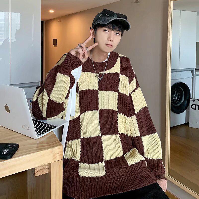 

Унісекс В язаний светр в японську клітинку - Висококласний осінньо-зимовий стиль, Круглий виріз, Довгі рукави, Теплий та затишний. Double Extra Large кавовий