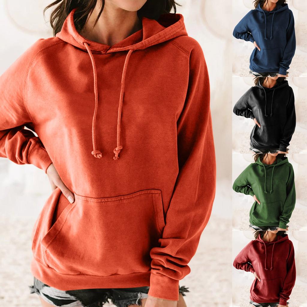 Women's Fashion Leisure Solid Color Pocket Long Sleeve Hooded Pullover Top