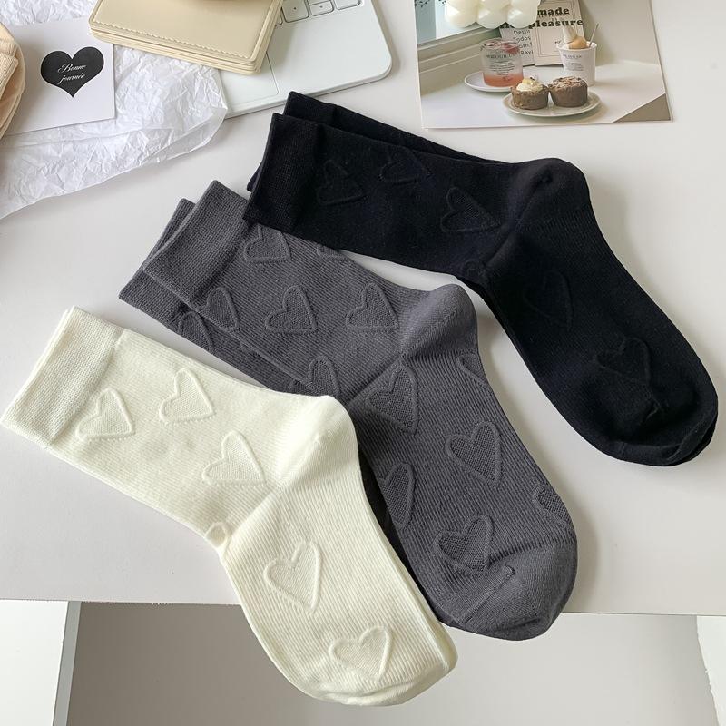 Heart Embossment Middle-tube Socks Women JK Lolita Kawaii Cute Socks Casual Fashion Solid Color Cotton Breathable Long Socks Sox