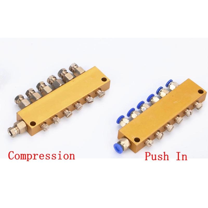 

2/3/4/5/6/7/8/9/10 Way 6mm In 4mm Out Compression / Push In Brass Adjustable Lube Oil Distributor Value Manifold Block Quick plug-in