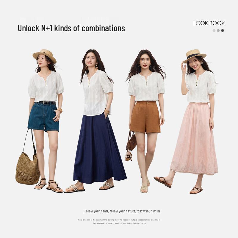 Women's V-Neck Short Sleeve Resort Style Cotton Blouse