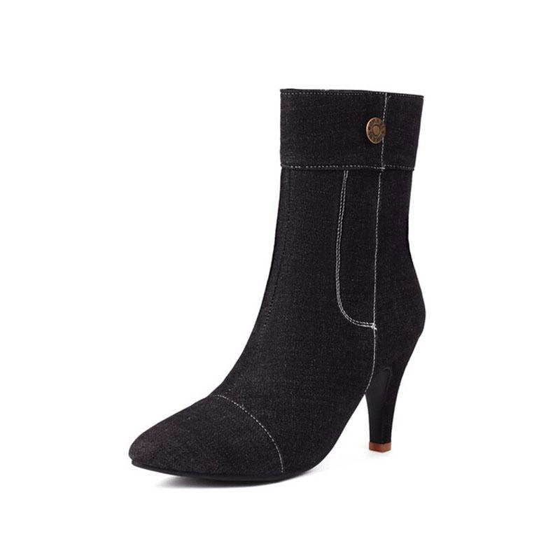 Denim fabric Ankle Boots for Women Fashion Botas Mujer Autumn Winter High Heels Short Boots Ladies Shoes Black Blue WSH4976