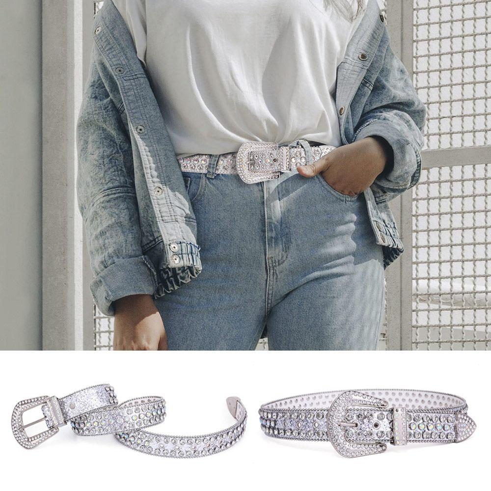 

Women Cowgirl Adjustable Studded Rhinestone Belt PU Leather Bling Crystal Waistband