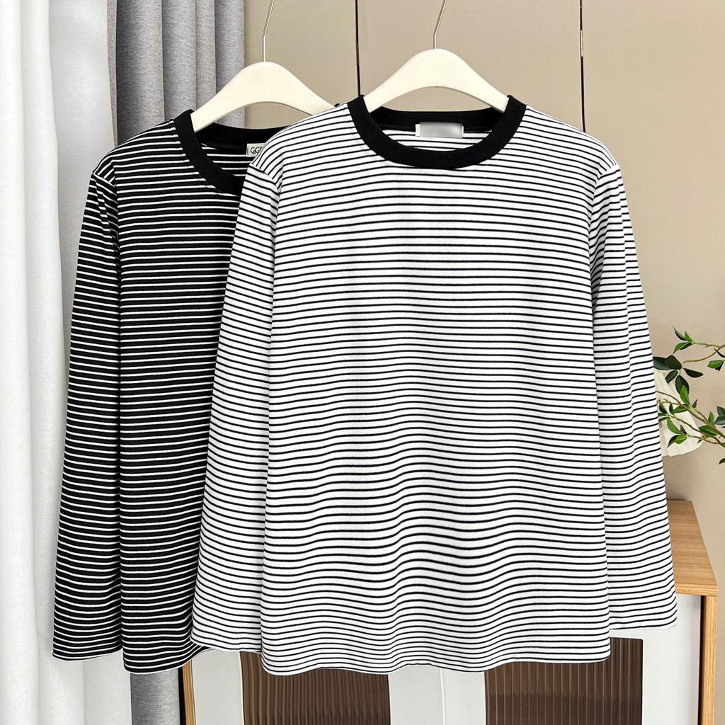 Plus Size Women Vintage Striped Thick Thermal Long Sleeve Base Warm T Shirt