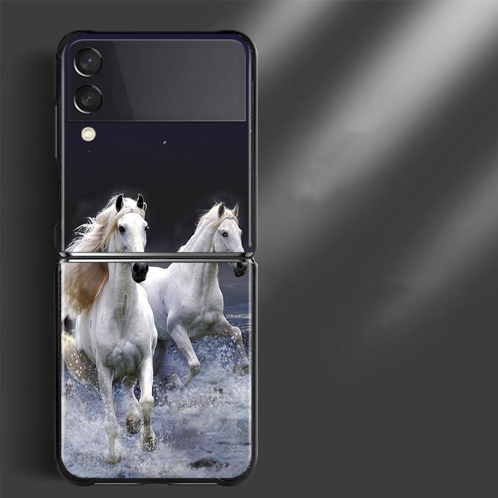 Phone Case For Samsung Galaxy Z Flip3 5g Back Pc Case For Samsung Z Flip Capa Black Shell Hard Fundas Running Horses