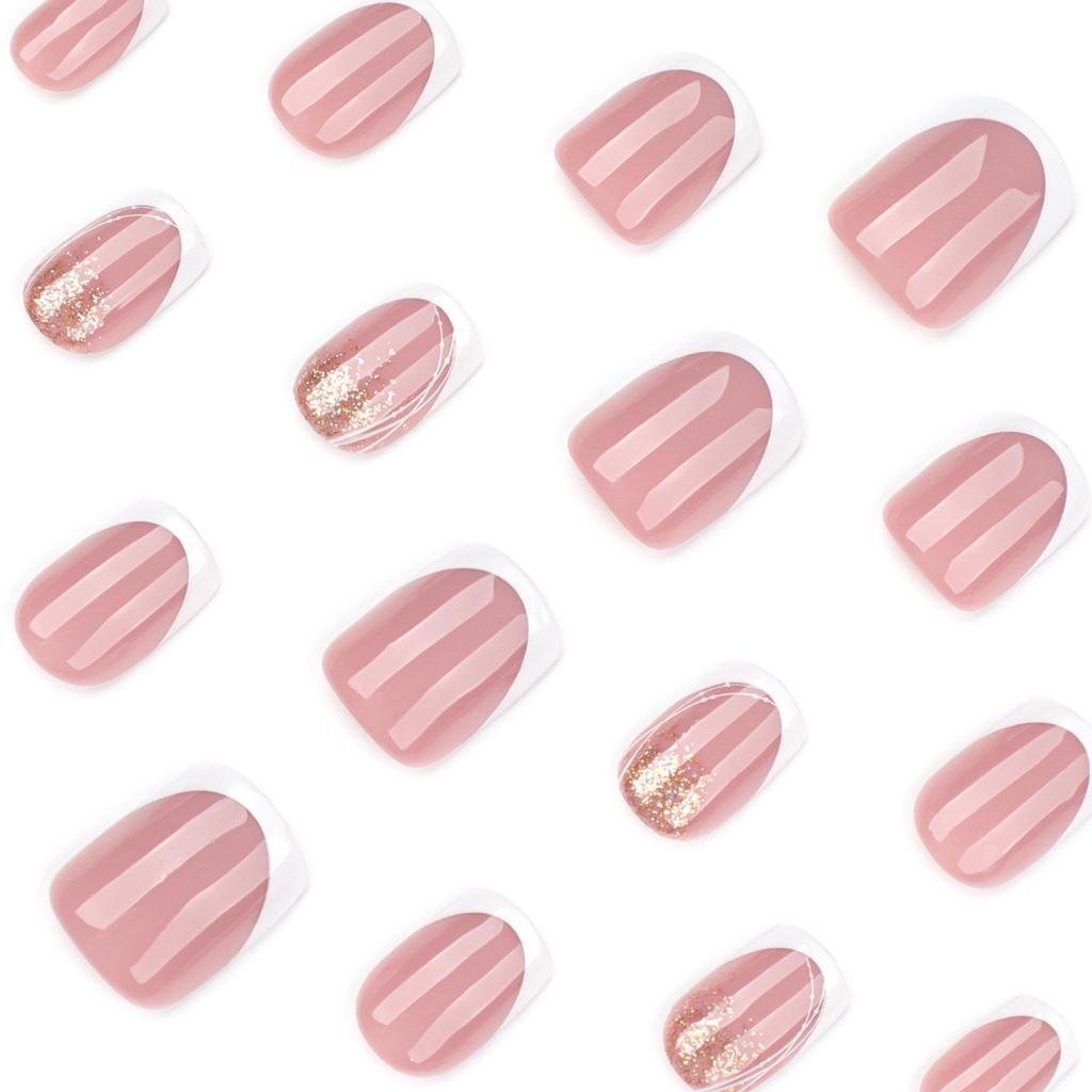 French White Butterfly Glitter Short Square False Nails