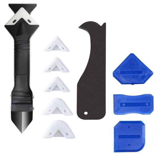 PrimeBlis Caulking Tool Kit, Dual-Purpose Scraper with Interchangeable Heads for Gap Cleaning (White, Blue, 10 Pieces)