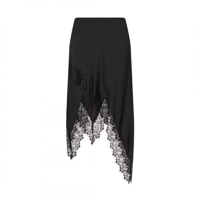 2025 European Style Black Lace Patchwork Midi Skirt Medium