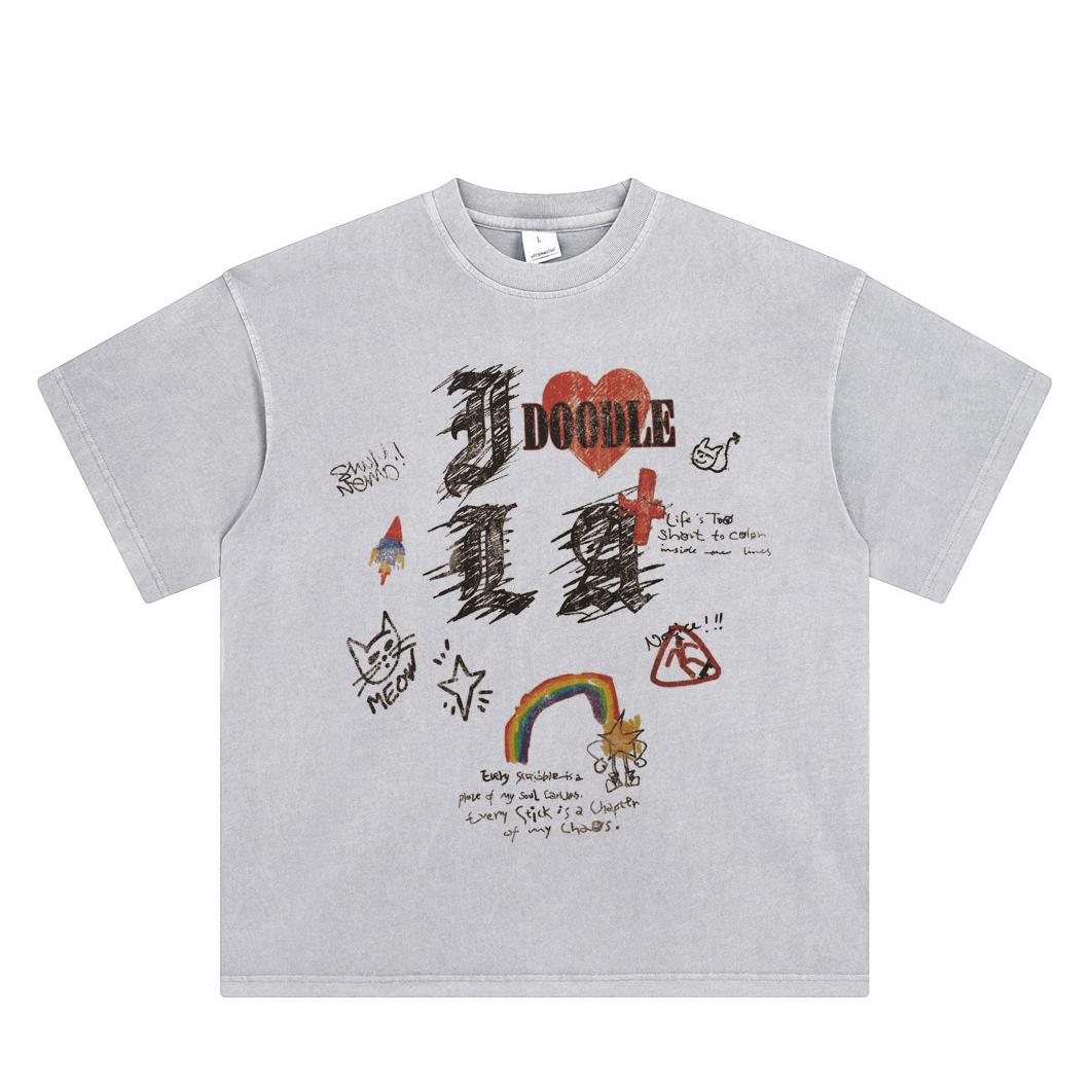 Hand-Drawn Doodle Graphic T-Shirt Unisex Tops Tees Summer Short Sleeves Shirts S серый