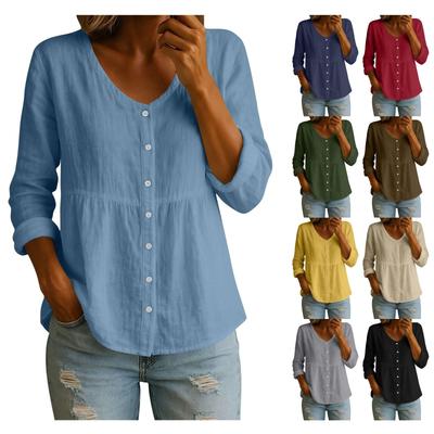 Camisa de Lino para Mujer con Cuello en V y Mangas Largas, Holgada, Casual, con Botones, para Primavera y el Trabajo