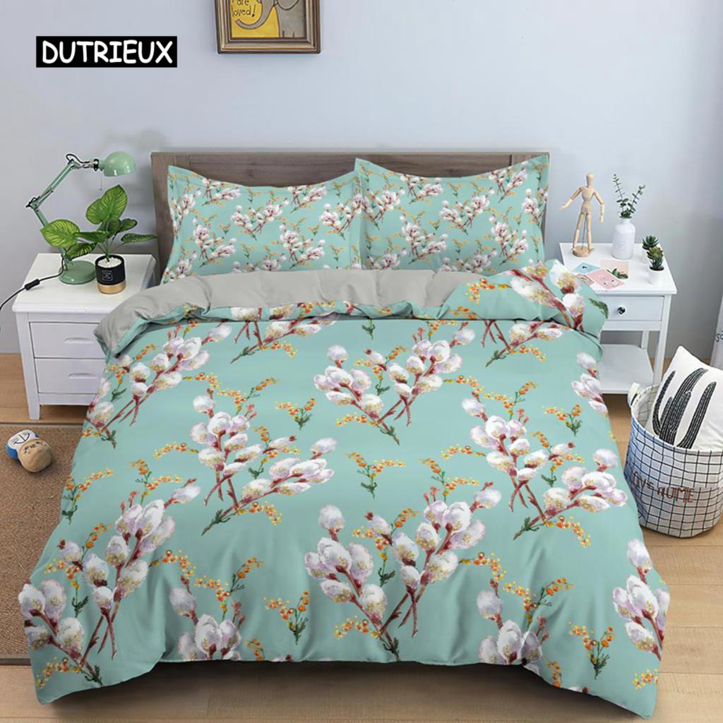 Flower Duvet Cover Set King Size Pink Flowers Green Leaves Pattern Quilt Cover for Teen Girl Microfiber Floral Theme Quilt Cover
