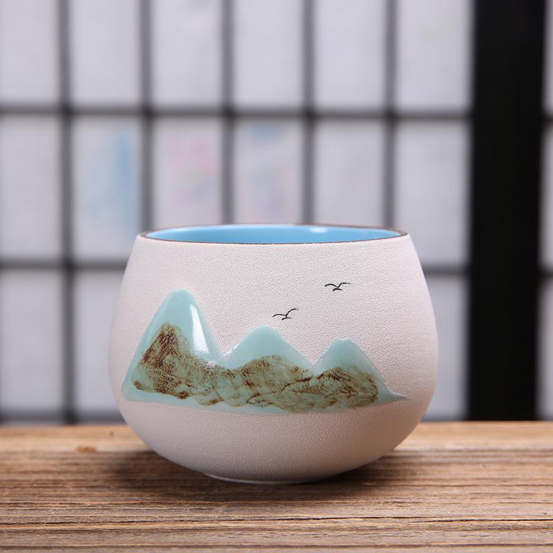 Hand-Painted Black Pottery Zen Tea Cup - Retro Mountain Design, Kung Fu Ceramic Masterpiece for Tea Tasting and Guest Reception.