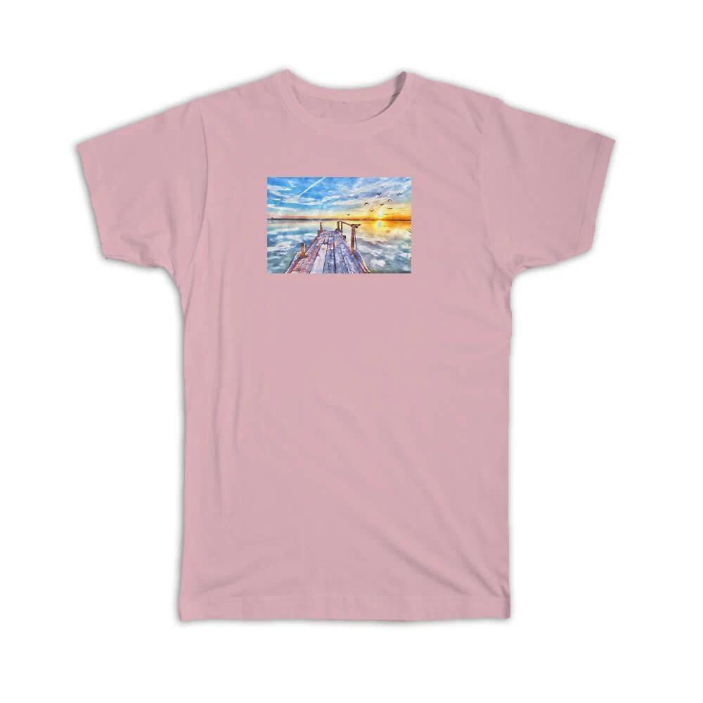 Gift T-Shirt : Watercolor Scenary Sunset Wood Bridge S