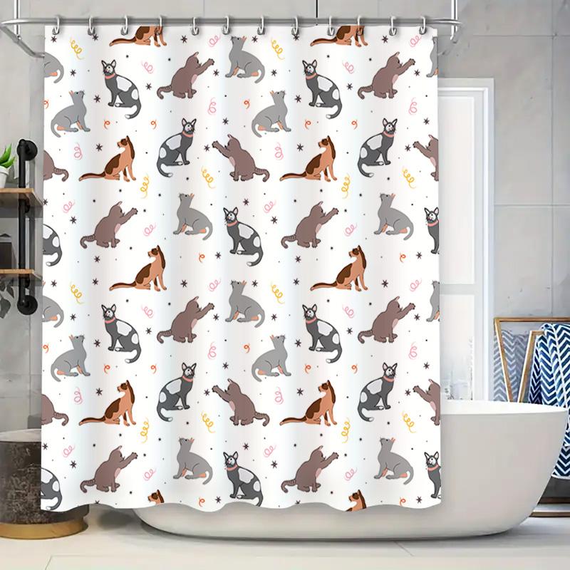 Whimsical Cat Pattern Shower Curtain Multicolored Feline Print for Bathroom Decorations with Hooks Included In White