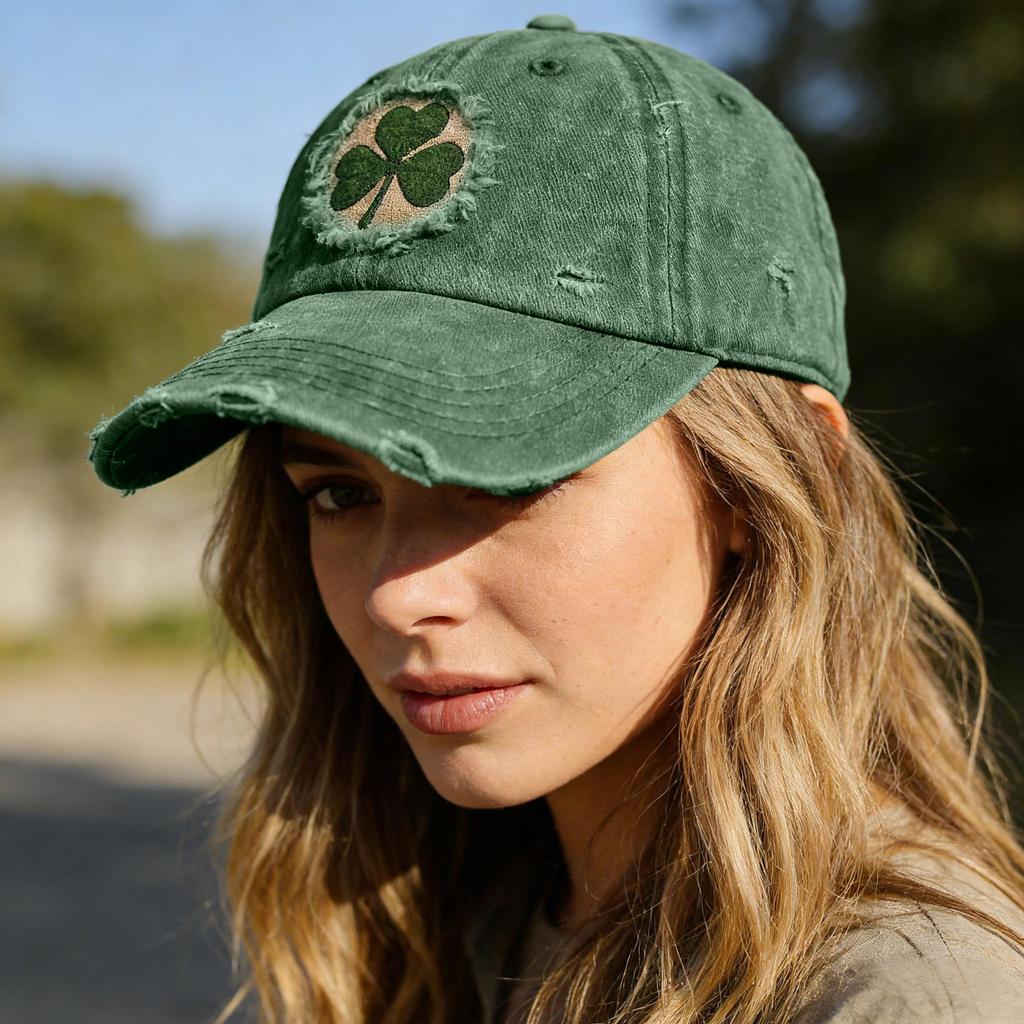 Distressed Washed Cotton Baseball Cap with Embroidered Clover Adjustable Vintage Style Dad Hat