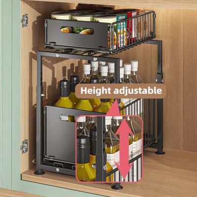 Kitchen Storage Rack Strong Load-bearing Large Capacity Adjustable Height 2-Tier Under-Sink Organizer with Pull-Out Drawers