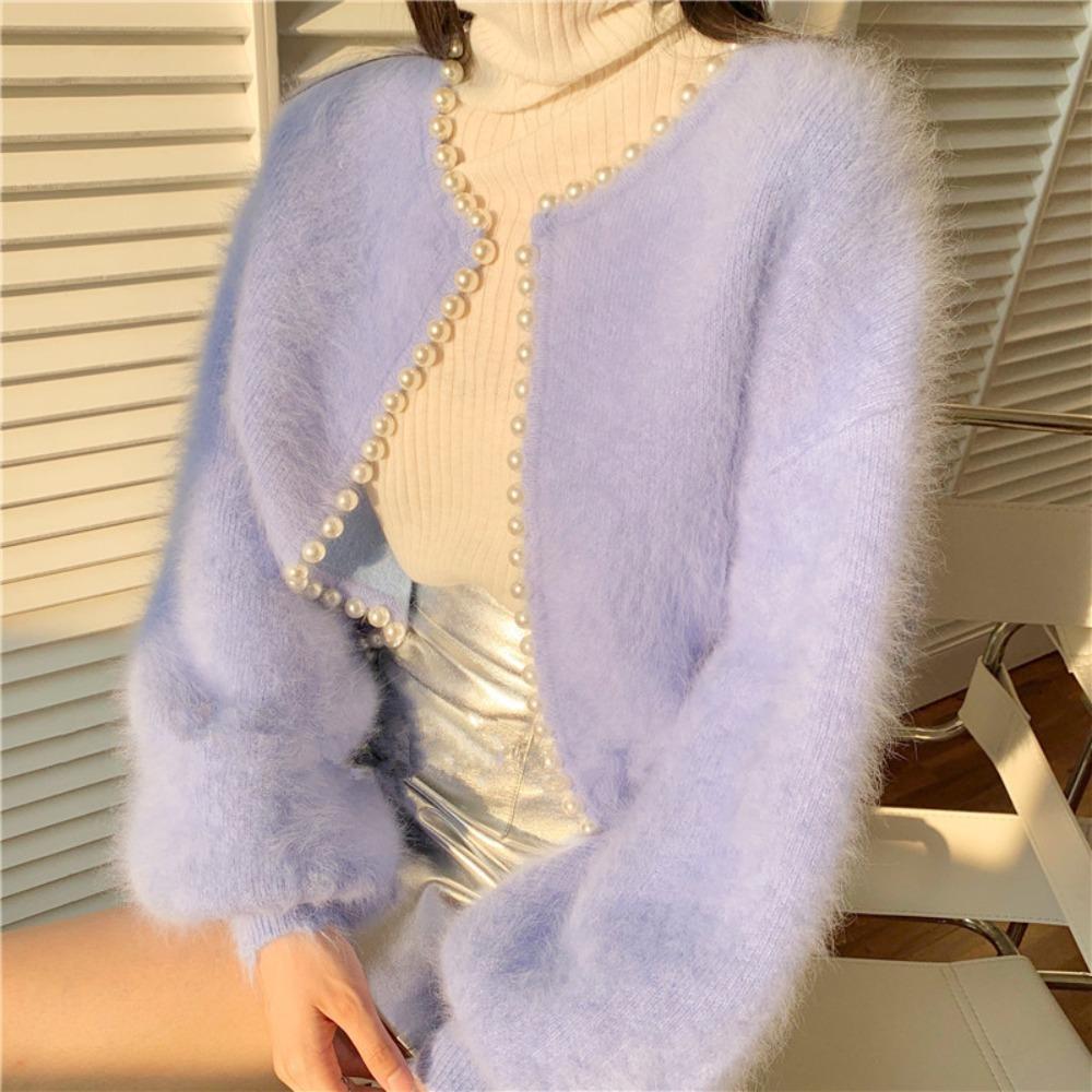 Fashion Ladies Pearl Knit Lantern Sleeves Imitation Mink Fleece Sweater Cardigan Jacket Women Outerwear