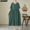 DIMANAF 2024 Übergröße Damen Frühling Sommer Kleid Vintage Dame Langes Kleid V-Ausschnitt Stil Locker Maxikleid Baumwolle Grün