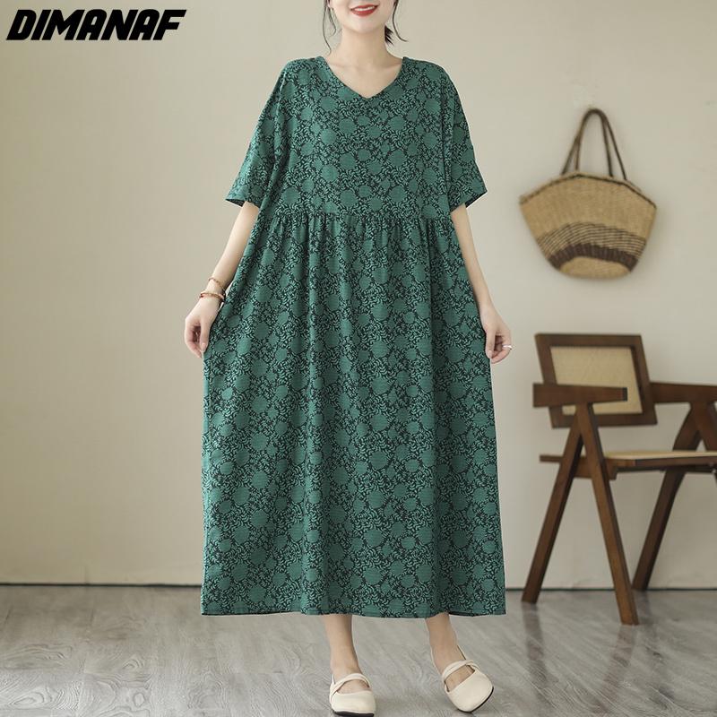 DIMANAF 2024 Übergröße Damen Frühling Sommer Kleid Vintage Dame Langes Kleid V-Ausschnitt Stil Locker Maxikleid Baumwolle Grün