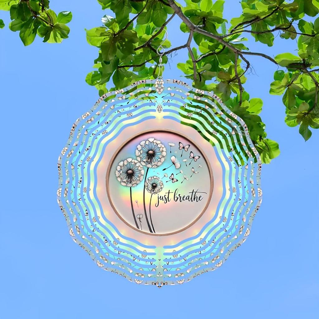 10 Inch 2D Kinetic Metal Wind Spinner Rainbow Iridescent Dandelion Design 360 Rotating Hook for Indoor Outdoor Garden Decor Gift for Women Men