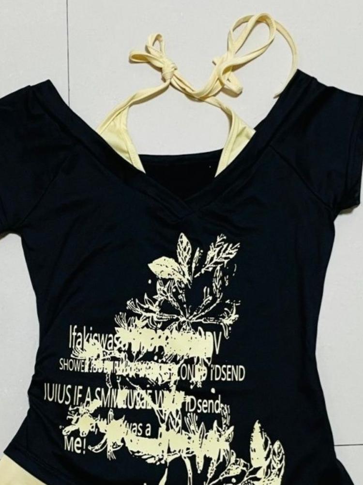 Yazlık Sahte İki Parça Halter Bandaj Vintage Tişörtler Y2k Estetik Slim Crop Toplar Kadın Grunge Baskılı Harajuku Günlük Seksi Tişörtler