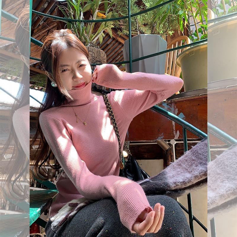 Basic pink versatile turtleneck inner bottoming shirt women's spring new slim-fitting and thin knitted sweater