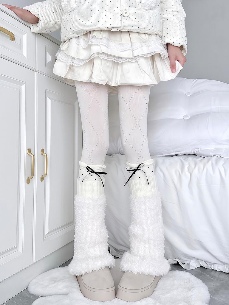 Herfst en Winter Gestapelde Strik Polkadot Sokken Y2k Gebreide Sokken Yabi Spice Girl Grijs Pluche Stapel Beenwarmers Lolita Sokken