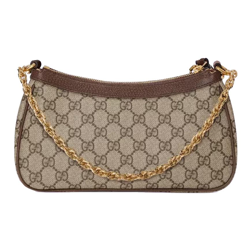 Gucci Borsa a Spalla GG Marmont in Tela con Ciondolo Fragola, Beige Marrone Pelle, Striscia Web, per lo Shopping Quotidiano 735132-FABLE-9442