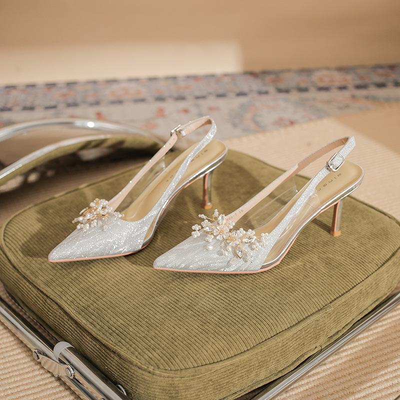 7520-1 [sheepskin] high heels women's thin heels 2025 new pointed back empty sandals temperament crystal wedding shoes