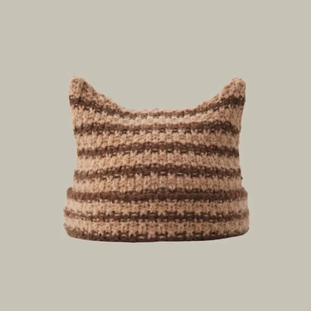 New Japanese Streetwear Harajuku Beanie Little Devil Striped Knitted Hat Women Girls Autumn Winter Cute Cat Ears Cap