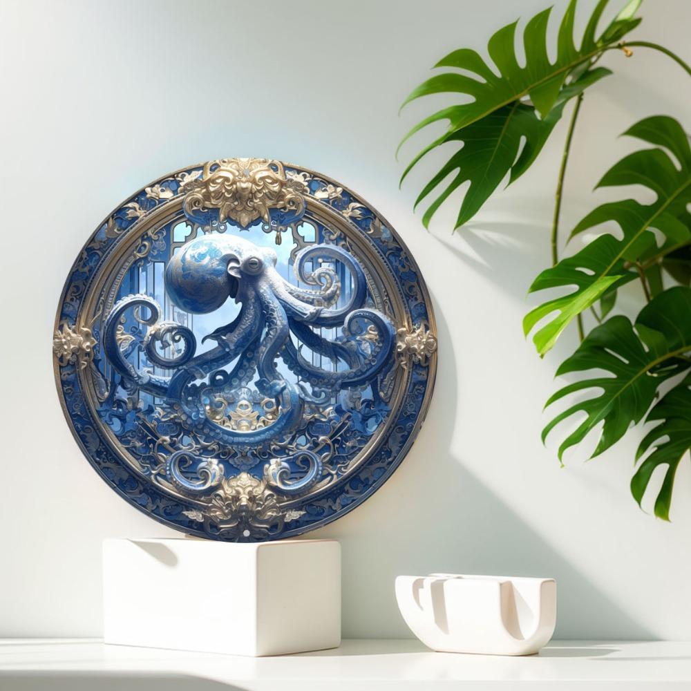 Octopus-Themed Round Wooden Wall Art - Durable, Easy-To-Clean Home & Office Decor Sign, Perfect for Gifts Octopus Decor