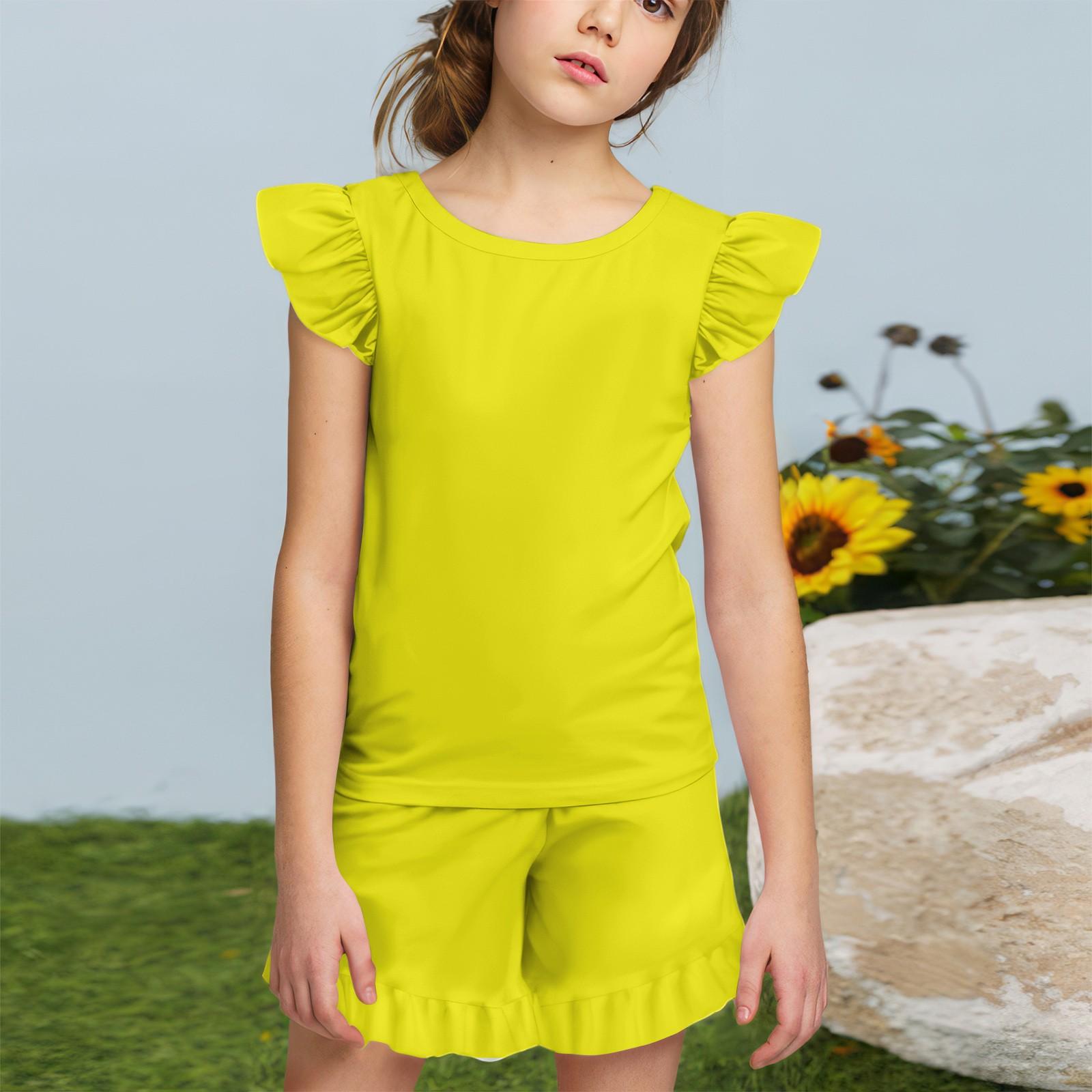 

Летний милый костюм для девочек: футболка с рукавами-крылышками + шорты с оборками, повседневная одежда для улицы, милый повседневный модный комплект из 2 предметов 150 жёлтый