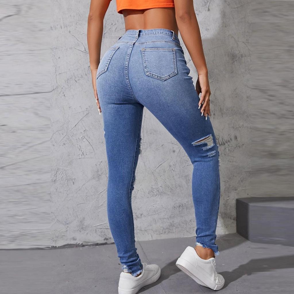 Dziewczęce modne podarte obcisłe spodnie casualowe w stylu skinny foot jeans
