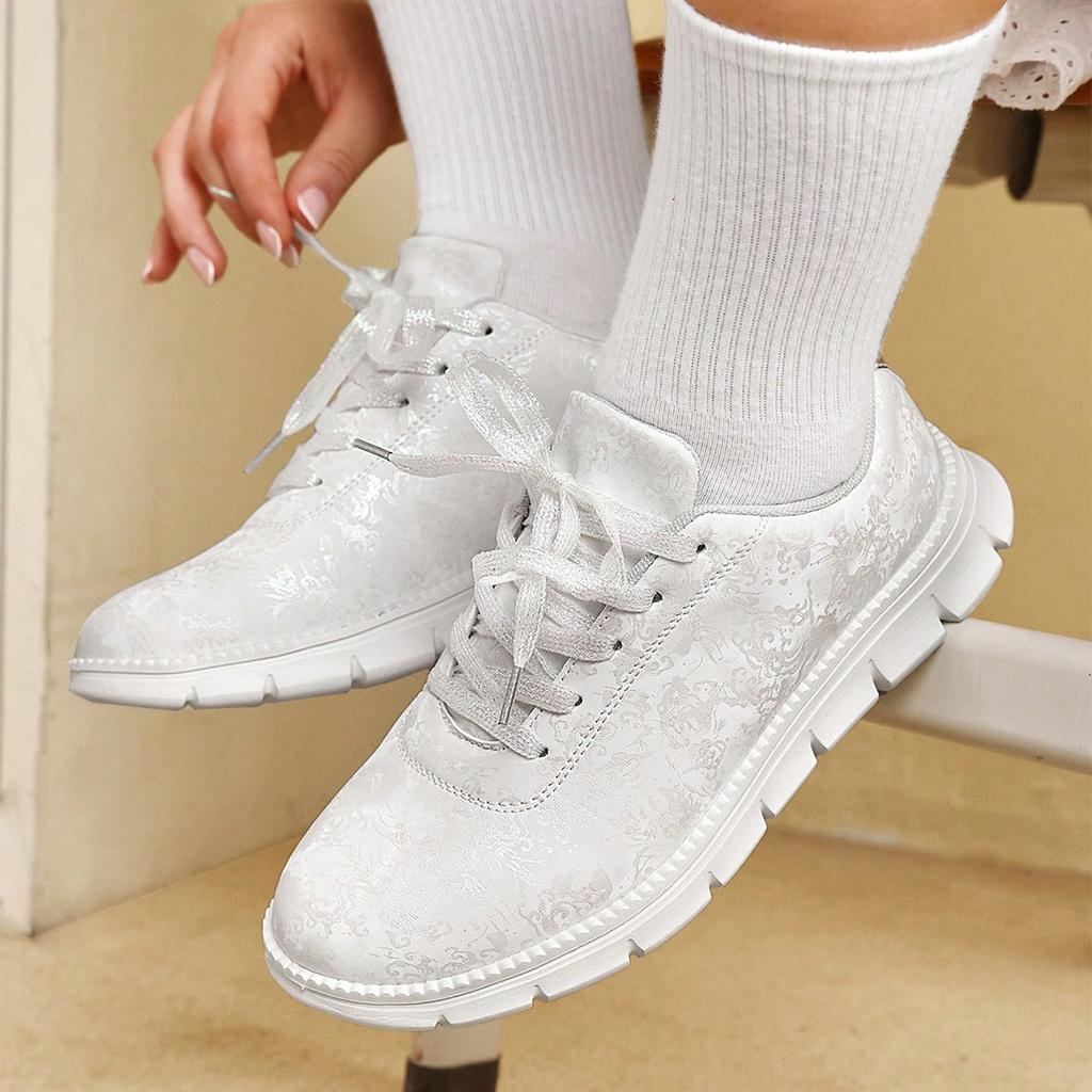New Women's Sneakers Fashion Flowers Printed Leather White Casual Sports Shoes Female Comfortable Flats Soft Sole Running Shoes