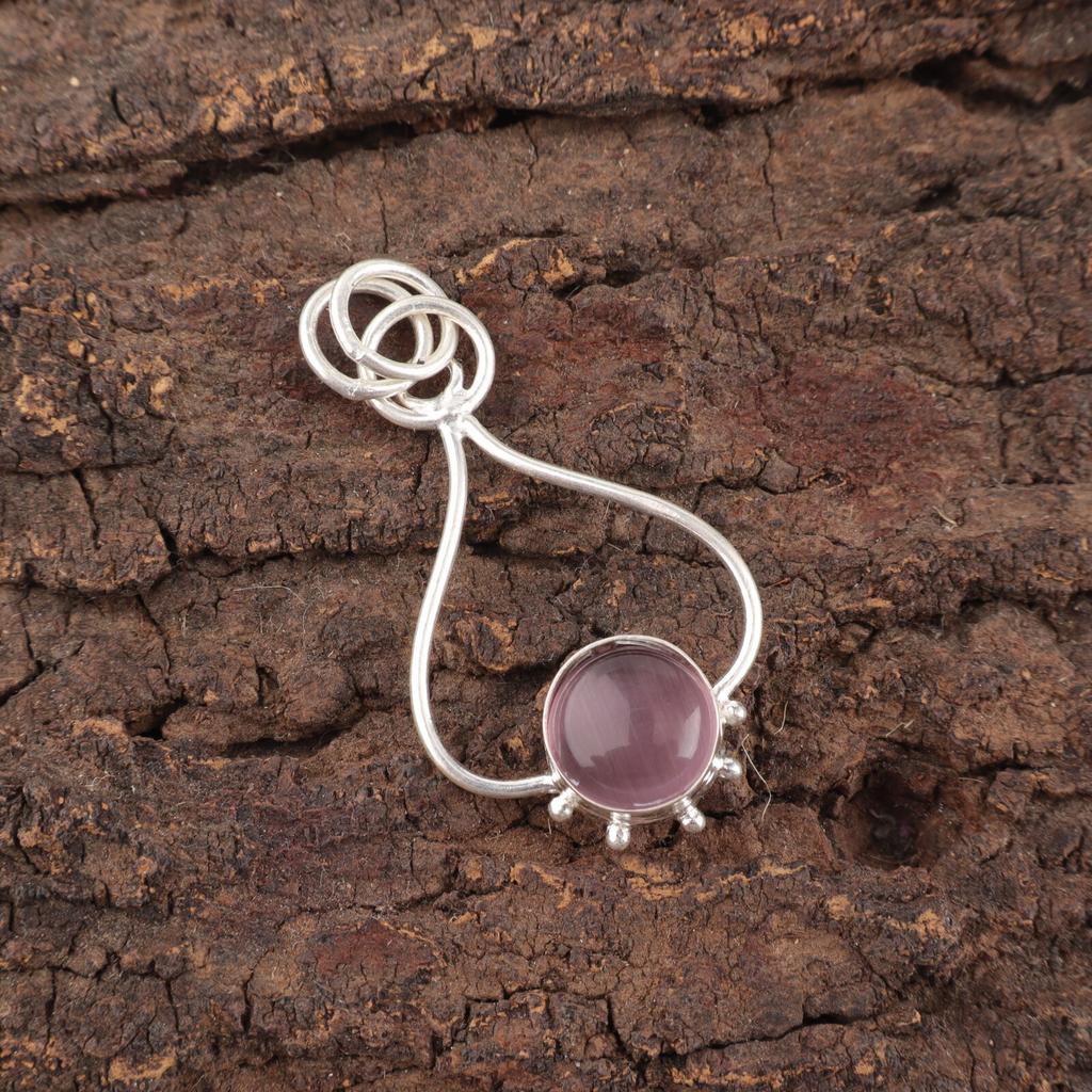 Round Natural Purple Cat'S Eye Sterling Silver Best Friend Gift Handmade Pendant PP-40-45